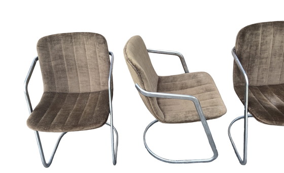 Image 1 of 4 Chromen frame met stoffen groen/bruine bekleding eetkamerstoel