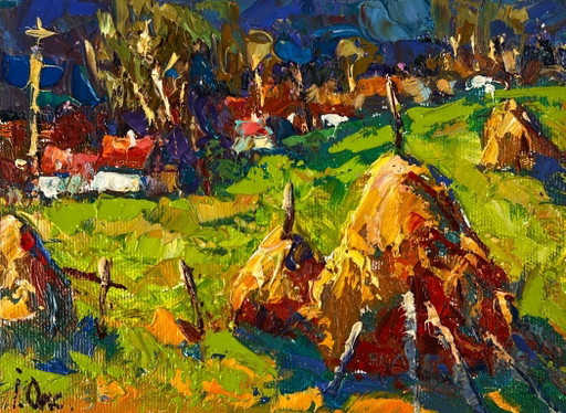 Dipinto ad olio originale Paesaggio rurale Natura Covoni di fieno fuori dal villaggio