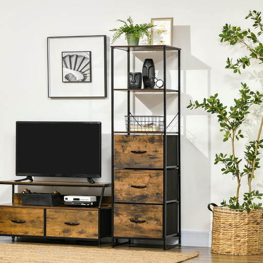 HOMCOM Bibliothèque Étagère Verticale de Rangement avec 3 tiroirs en Tissu Amovibles - Style Industriel - dim. 44L x 40l x 155H 