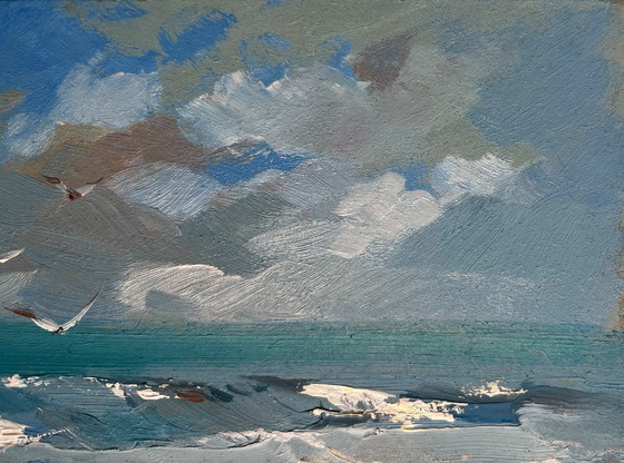 Image 1 of Original Oil Painting Beach Sea Landscape Seagulls on the seashore