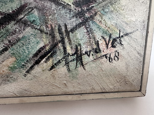 Abstract schilderij van Henk van der Vet, gedateerd 1968.