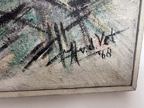 Image 1 of Henk van der Vet – Abstract Brutalist schilderij (1968), olieverf op doek