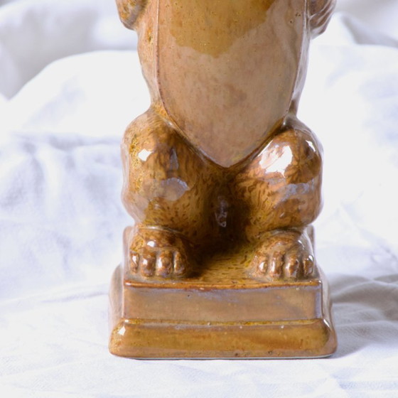 Image 1 of Jarrón/botella zoomorfo antiguo con forma de león en gres esmaltado, firmado por GPS