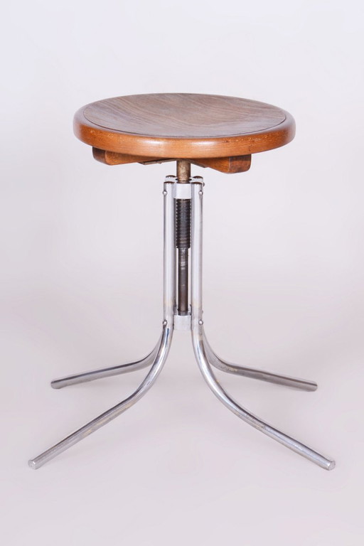 Restored Bauhaus Piano Stool, by Mücke-Melder, Solid Beech, Chrome, Czech, 1930s – krukjes, Metal, Wood