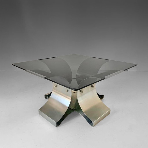 1x Vintage-Couchtisch aus Rauchglas und Aluminium von François Monnet, Frankreich 1970