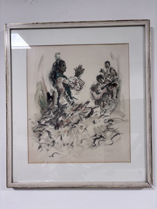 Beautiful Vintage Artwork Pere Clapera Carmen Amaya (Bulerías) Incl. Gallery Frame – schilderijen tekeningen, Glass, Paper