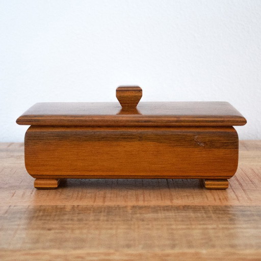 Vintage rectangular wooden box, mid-century modern style, with square knob and legs