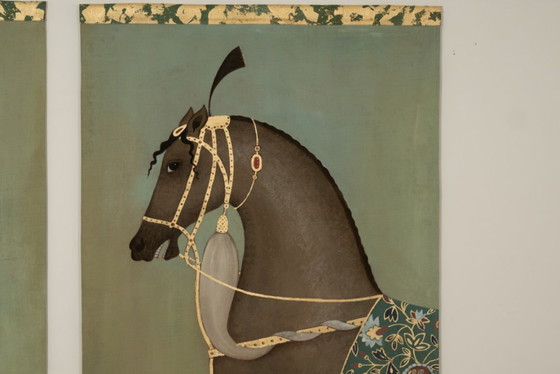Image 1 of Painted canvas depicting a brown-coated Indian horse in profile. Contemporary.