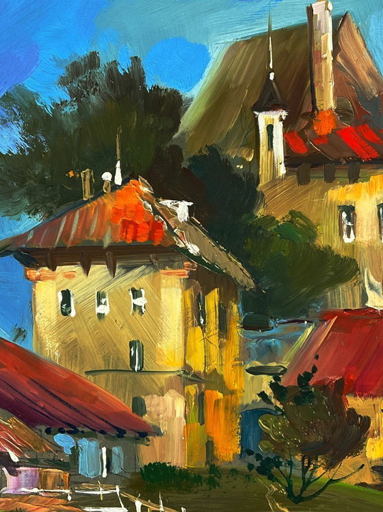 Image 1 of Peinture à l'huile originale, paysage rural estival, village riverain, quai de bateau