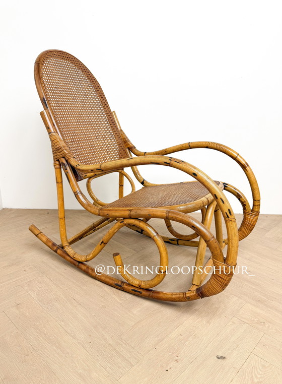 Image 1 of Vintage rattan bamboo webbing rocking chair