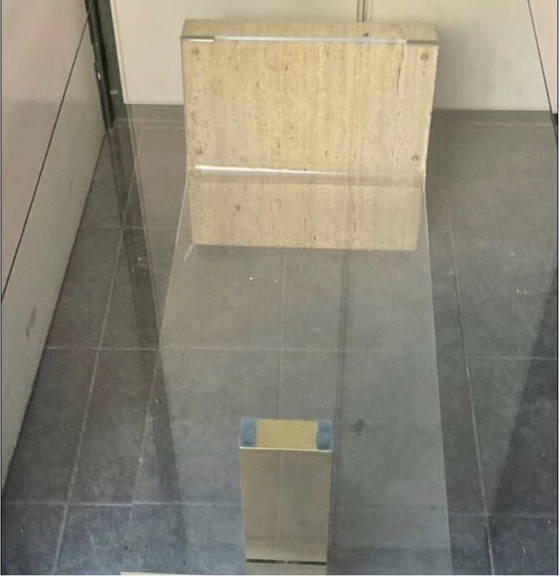 Image 1 of 70s glass and travertine coffee table