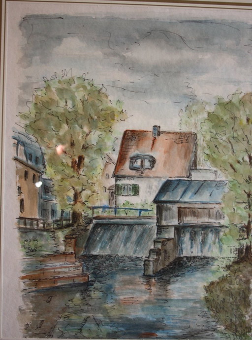 Watercolor village picture art on paper