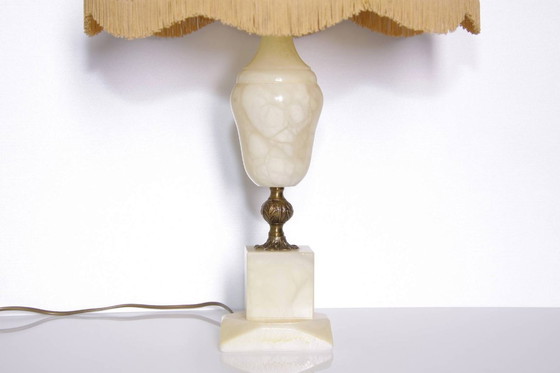 Image 1 of Lampe de table en pierre naturelle, laiton, simili cuir, franges, 67 cm, années 1970, J Vintage