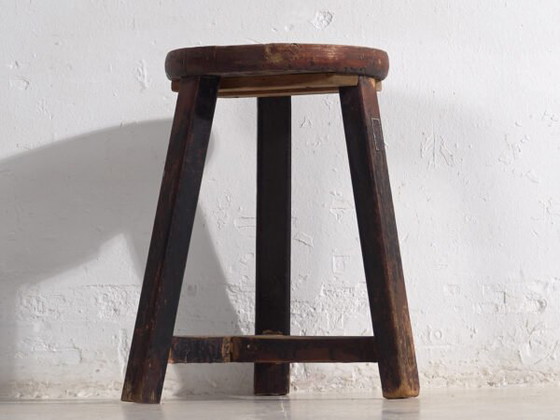 Antique dark colored round stool (c.1900) #11, Wood, Brown, Rustic (photo 12 of 16)