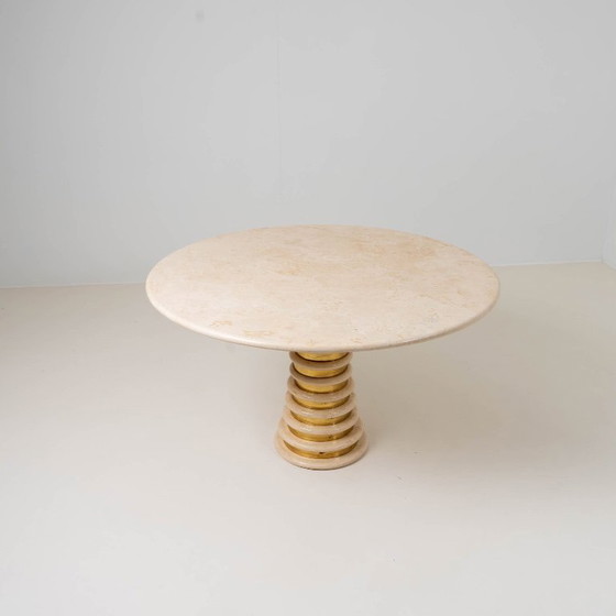 Image 1 of Travertine and Brass Pedestal Dinning Table Marzio Cecchi 