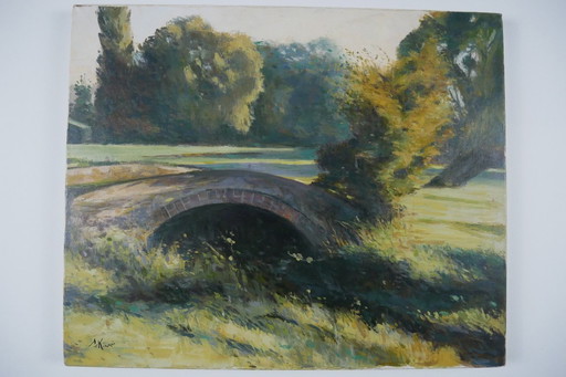 Old brick bridge in Normandy - Signed oil painting