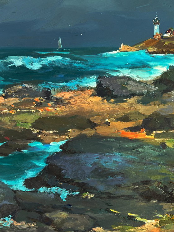 Image 1 of Dipinto ad olio originale: paesaggio marino, rocce, onde, tempesta, mare, costa nuvolosa.