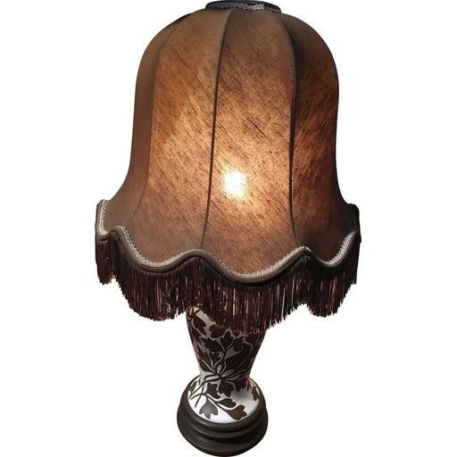 Lámpara vintage de cerámica con base de madera, años 70