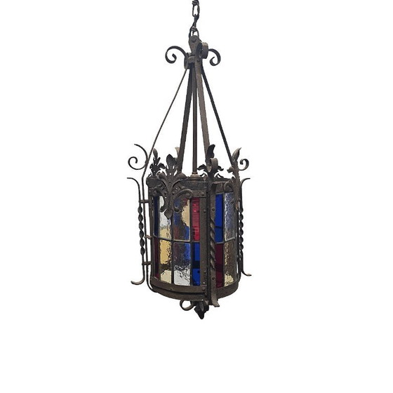 Image 1 of Farol de salón francés antiguo con vidrieras, finales del siglo XIX.