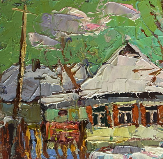 Image 1 of Original Oil Painting Winter Houses Landscape Saturday winter day