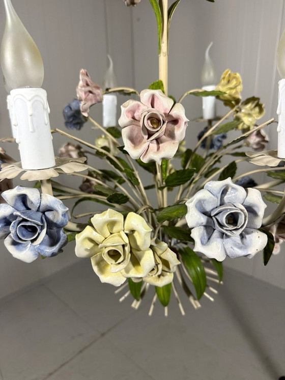 Image 1 of Italian chandelier with porcelain flowers 1950s