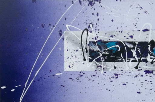 Quadriptych Contemporain Du Peintre 2LUSS'ART, Large Format 163x60 cm : Voyage Artistique en Mauve et Bleu, Mixed Media
