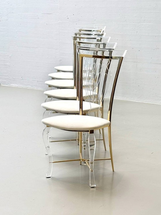 Image 1 of Set: 6 Stühle aus Acrylglas mit Messingdetails von Vereinigte Werkstätten, 1980er Jahre