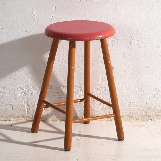 Taburete de madera antiguo con asiento redondo – Europa Central, circa 1950 – Vintage (photo 7 of 35)