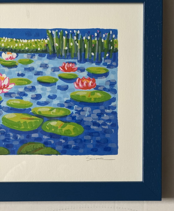 3. Zeefdruk van Mimmo Sciarrano, 25x70cm Waterlelies in een lijst – Litho's & Zeefdrukken, Paper, Wood (photo 2 of 5)