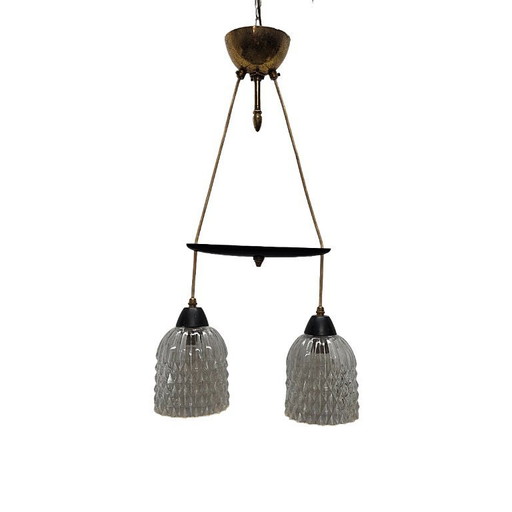 Lámpara colgante francesa vintage de doble luz, década de 1950