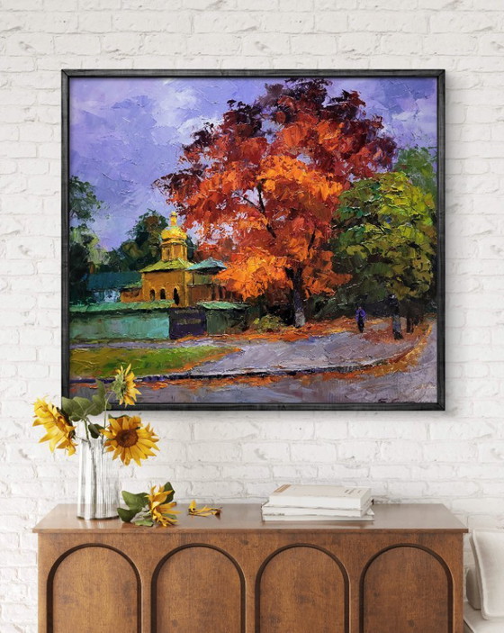 Image 1 of Original Oil Painting Cityscape Autumn Church October in the City