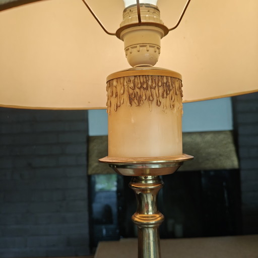 Vintage messing tafellamp met linnen kap – 80 cm