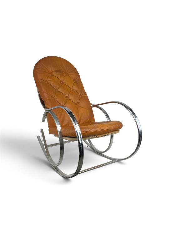 Mid Century Modern Milo Baughman Style Chrome Thonet Rocking Chair Rocker, Leather, Textile, Brown (photo 2 of 7)
