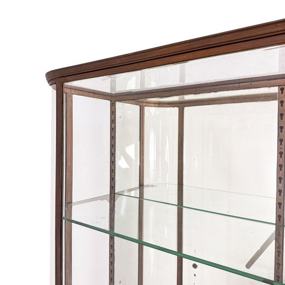 Image 1 of Grote antieke museum vitrinekast met gebogen glas – bronskleurig metalen vitrinekast