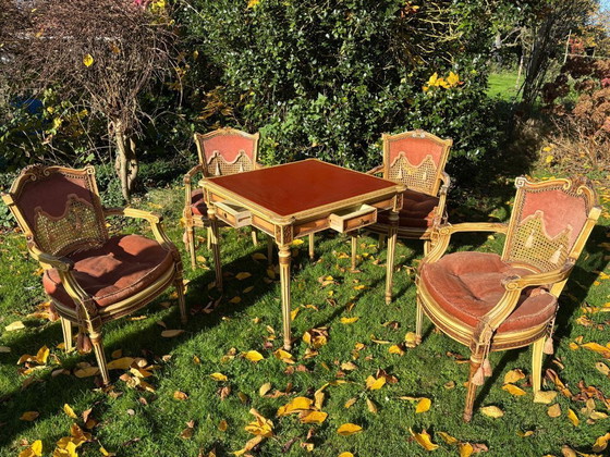 Image 1 of French writing desk with 4 chairs. Beautiful and decorative.