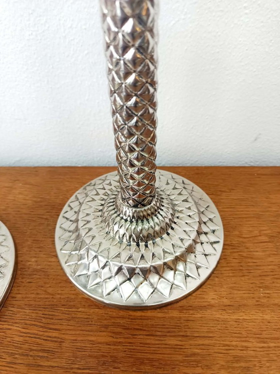 Image 1 of 2x Vintage palmboom kandelaars van zilverkleurig metaal