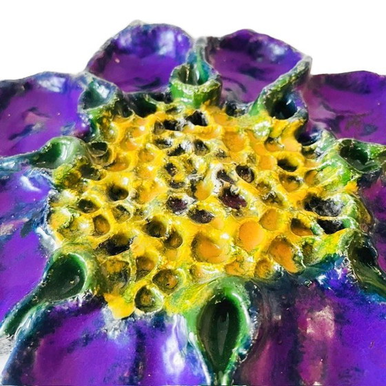 Image 1 of Vintage ceramic wall plate lilac sunflower Fat lava Jan van Erp 1960s