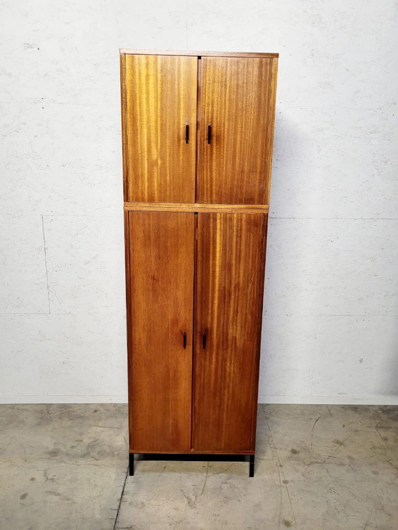 Image 1 of 2-delige (losse delen) vintage hoge opbergkast – 1960s – Echt houtfineer