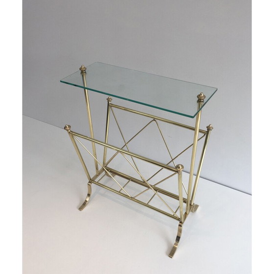 Image 1 of Vintage brass magazine rack and Neoclassical glass shelf, 1940