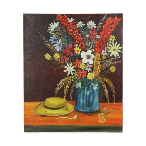 Flowers with Hat Still Life Painting 60x50cm
