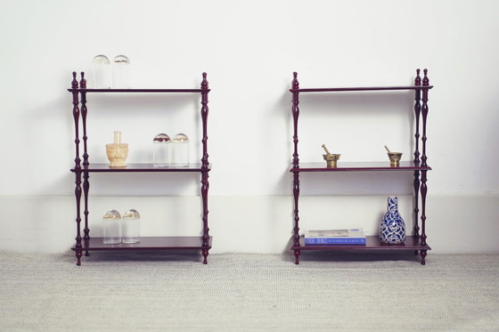 Image 1 of Mahogany-Finish Hanging Wall Shelf Set of 2 Pair, Traditional Spindle Display Shelves, Vintage Colonial Style Decorative Modula