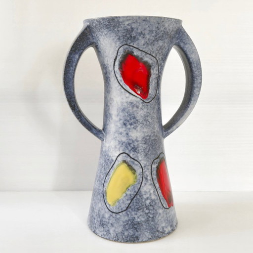 WICHTIGE VINTAGE-VASE AUS DEN 1950ER JAHREN MIT 2 HENKELN, ROT-GELBE KERAMIK, ROCKABILLY-STIL DER 50ER JAHRE