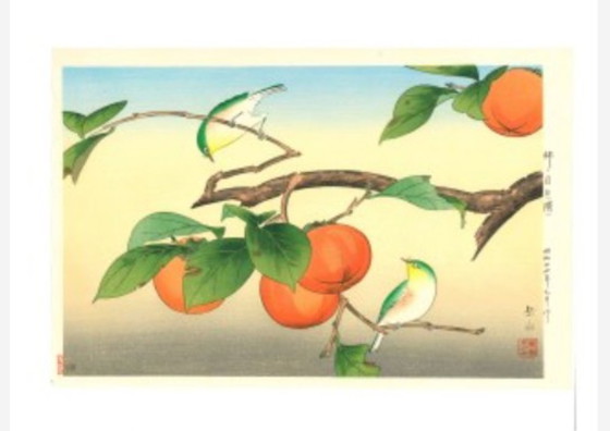 Image 1 of Originele houtsnede, uitgegeven door Watanabe - Ide Gakusui Kaki en Japanse witogen - jaren 1980