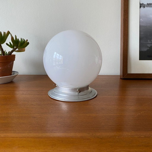 Opaline white glass globe ceiling light, 15 cm, wall light with aluminum mounting base
