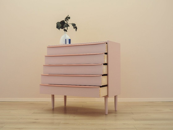 Dänische Kommode aus den 1970er Jahren in Rosa, vier Schubladen, Teakfurnier, massive Beine – Kommoden, Wood (photo 4 of 18)