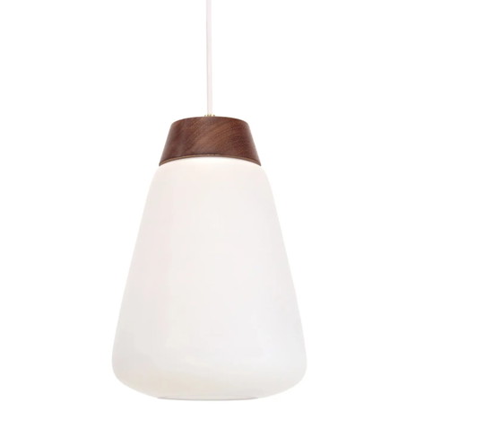 Weiße Opalglas-Pendelleuchte mit Teakholzdetails – Philips, Pendelleuchten, Brass, Scandinavian (photo 4 of 4)