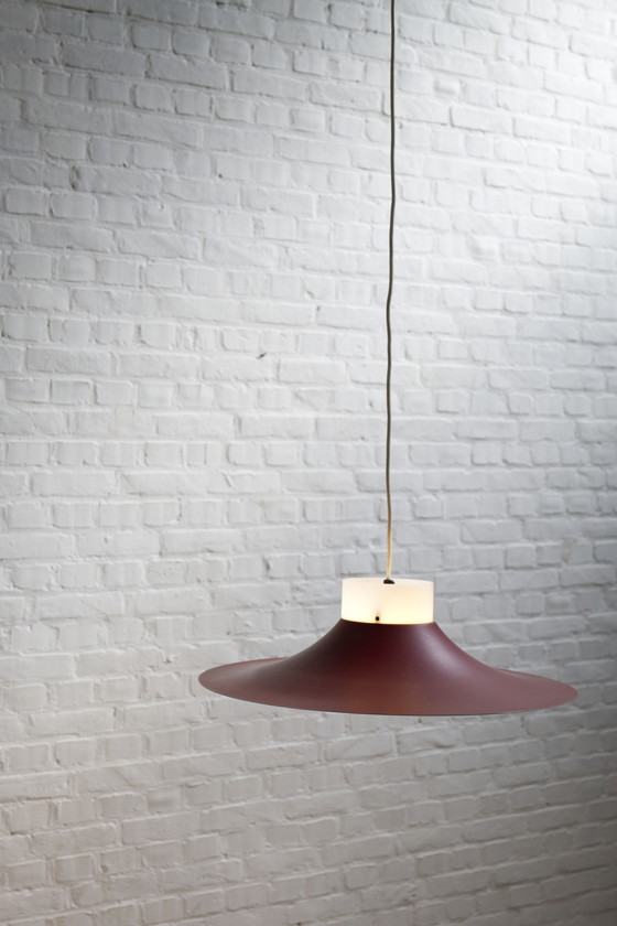 Image 1 of Deense rood metaal en opaal plastic hanglamp, 1960'S