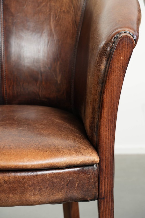 Image 1 of 2x handige schapenleren bijzetstoel/ fauteuil/tubchair met karakter en een mooi patina