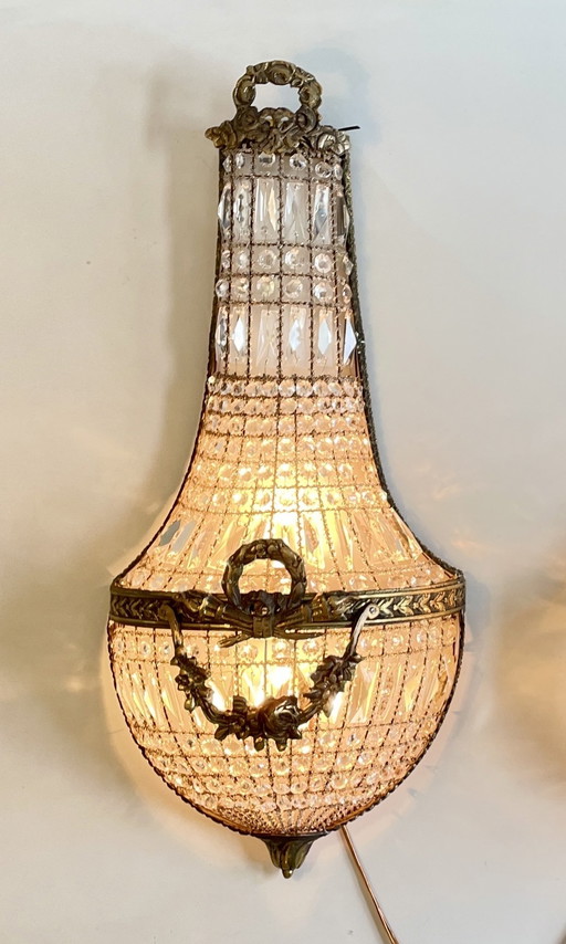 Par de lámparas de pared antiguas francesas XL estilo Empyre con cesta de pared