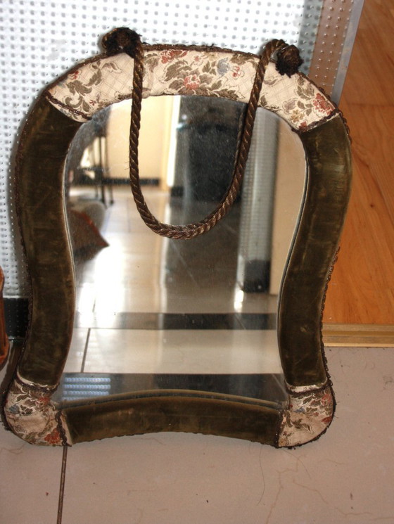 Image 1 of Specchio antico con cornice in tessuto e corda - Altezza 48 cm, larghezza 39 cm